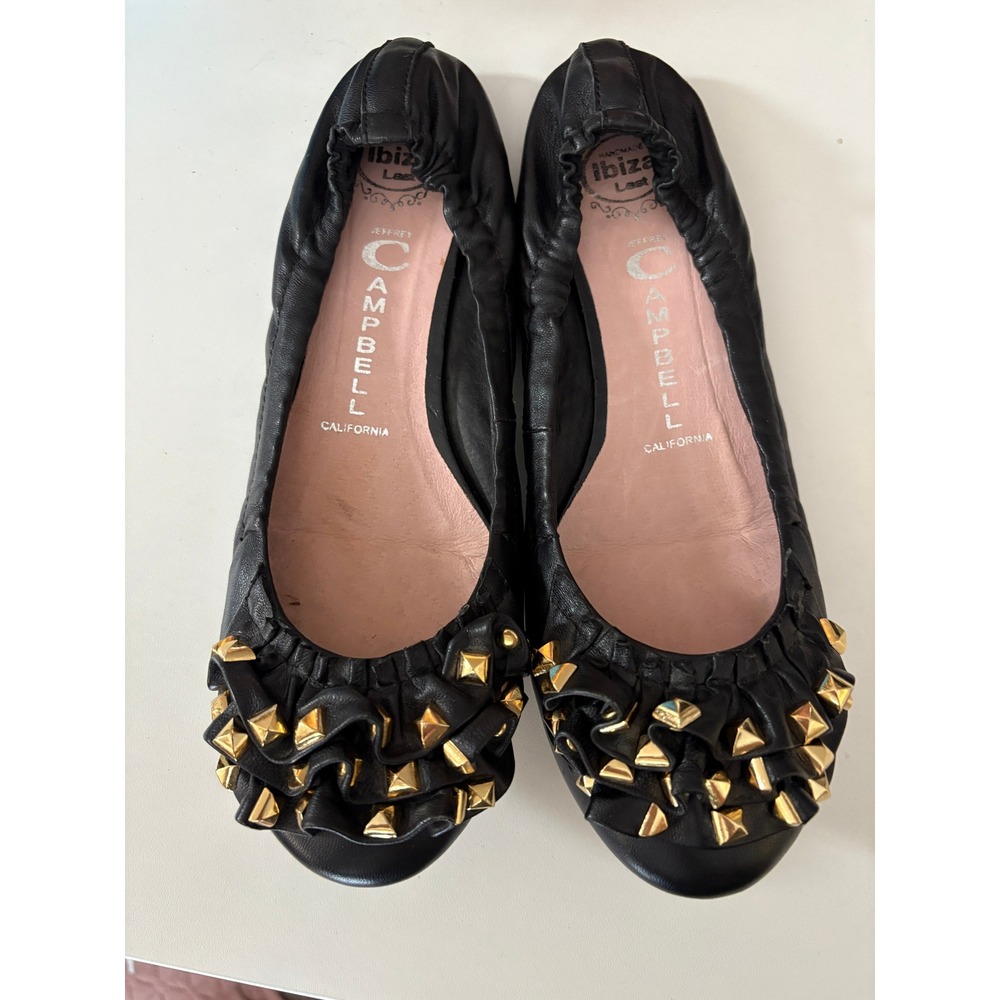 Jeffrey Campbell Studded Ibiza Last Ballet Flats Black Leather Ruffle Size 8
